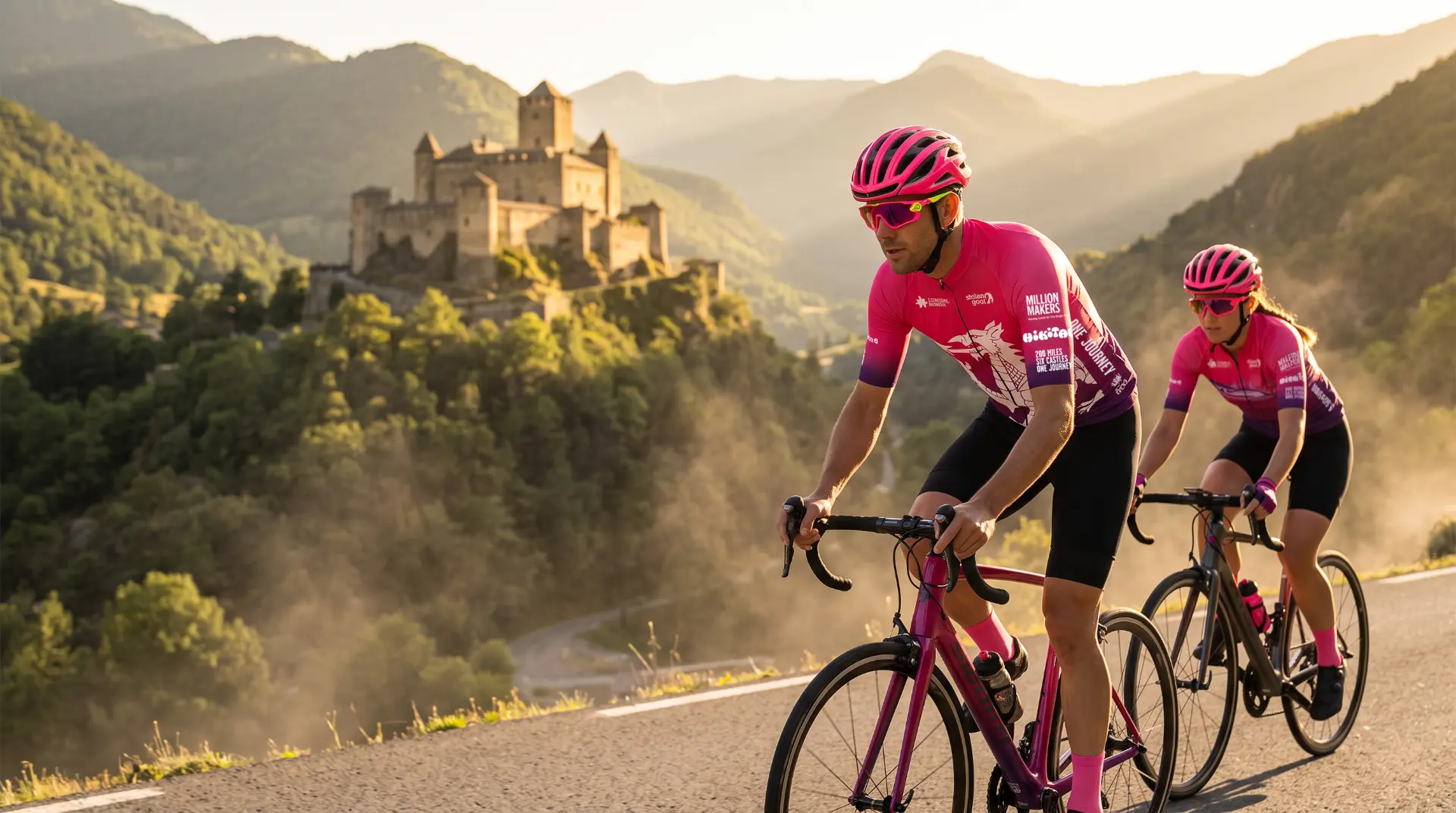 Two riders in pink Castle to Castle jerseys climbing a mountain road below a castle