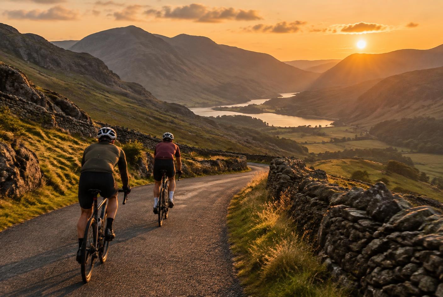 Two cyclists on a mountain road at golden hour